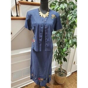 M.H.M Women Solid Blue Linen & Rayon Top Shirt & Maxi Dress 2 Piece Suit Size 10